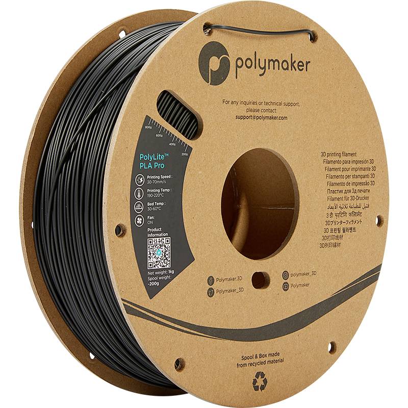A reel of black PLA filament from Polymaker, suitable for 3D printers. Technical specifications and contact details are displayed on the label.