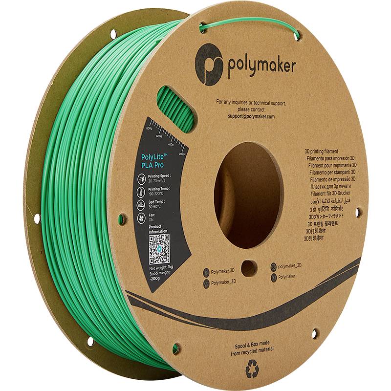 Green PLA filament spool for 3D printer, 'Polymaker' brand, mounted on a cardboard core.