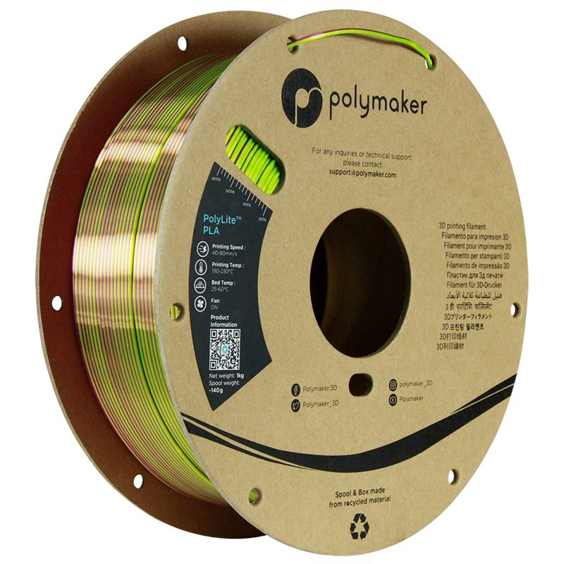 Polymaker PolyLite PLA Filament, 1.75mm, 3D Printing Filament on Spool, Manufactured from Recycled Material, 1kg, Yellowish-Red.