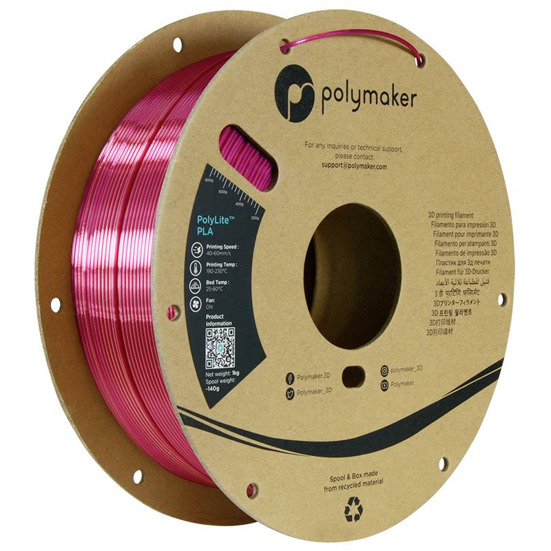Roll of red 3D printing filament by Polymaker, type PolyLite PLA. Packaging made from recycled material.