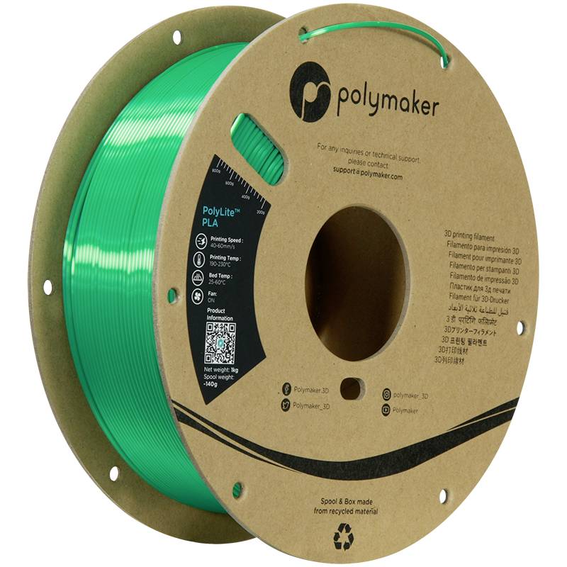Green PLA filament spool for 3D printers, Polymaker brand. Manufactured from recycled materials.