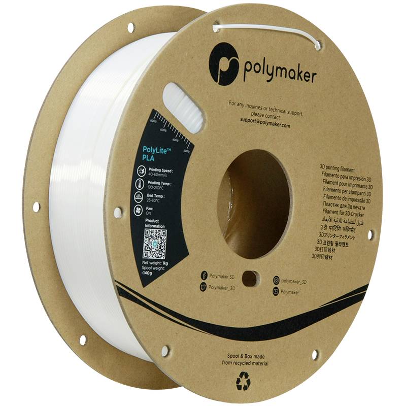 A spool of white 3D printer filament by Polymaker, model 'PolyLite PLA', 1 kg, with QR code and technical details on the packaging.
