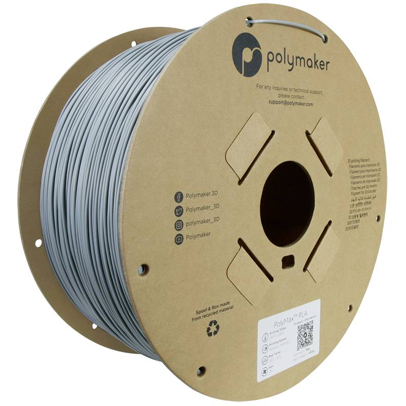 Spool of grey 3D printer filament by Polymaker.