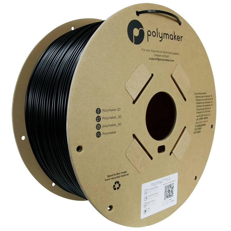 Spule mit schwarzem 3D-Drucker-Filament aus PLA. Verpackung aus recyceltem Karton mit Polymaker-Logo und Kontaktinformationen.