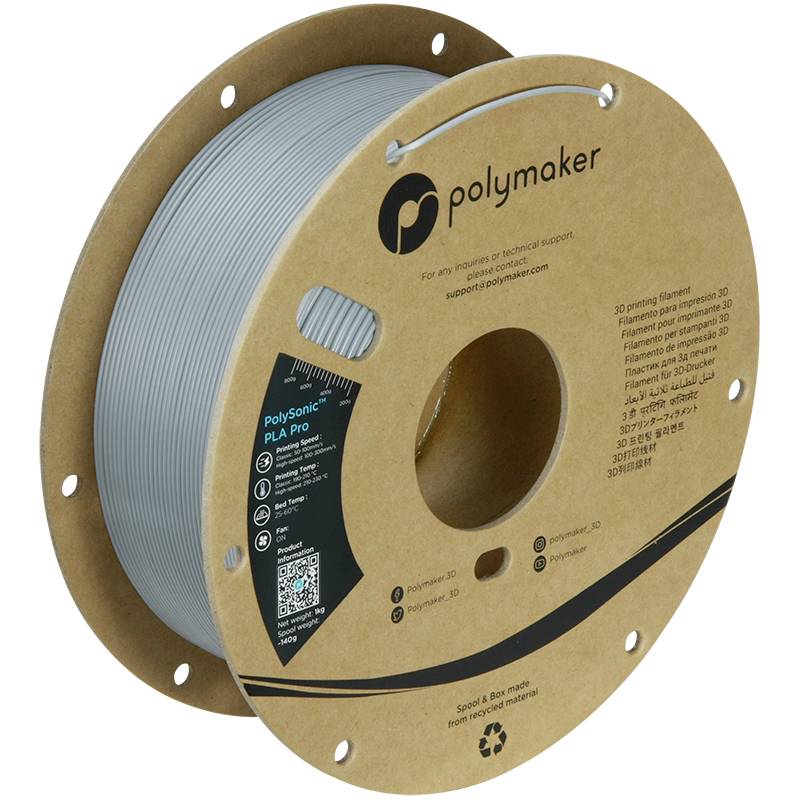 Reel of grey 3D printer filament by Polymaker, PolySonic PLA Pro. The spool is manufactured from recycled cardboard.