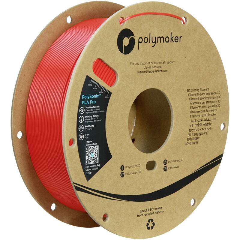 A roll of red 3D printer filament from Polymaker, made of PLA Pro. Packaging is made from recycled material.