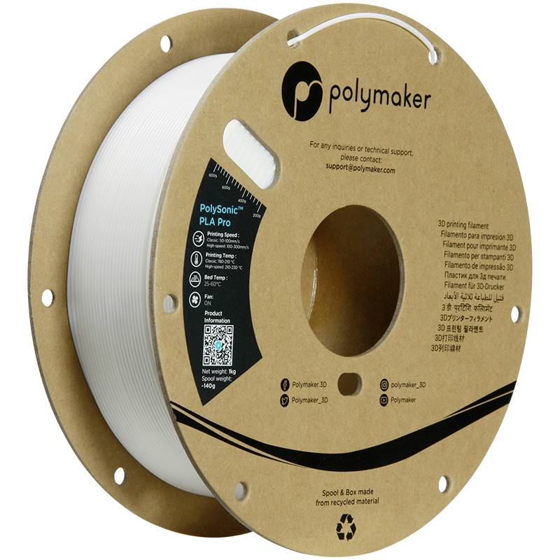 Spool of white 3D printer filament by Polymaker. Material type: PLA Pro. Contains recycled materials.