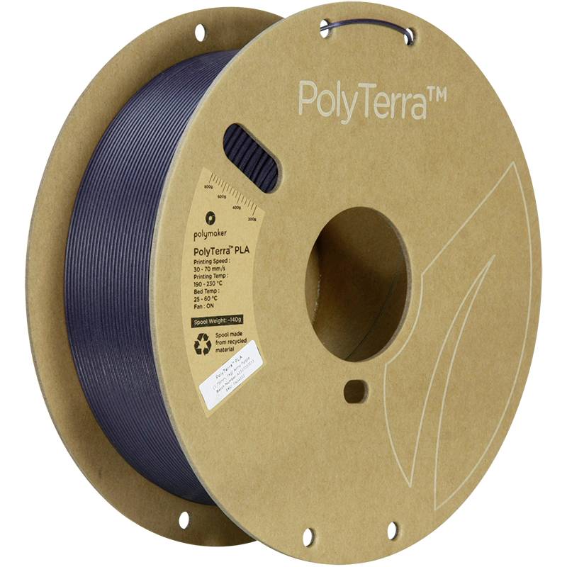 'Soterring PolyTerra™ PLA Filament' in a dark shade, on a cardboard spool made from recycled materials. Sustainable option for 3D printing.