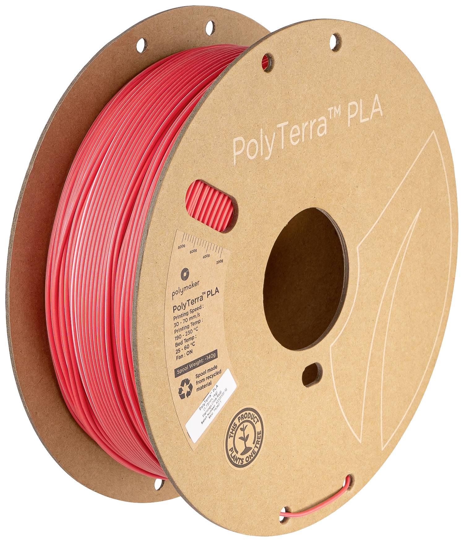 Roll of red PolyTerra PLA filament for 3D printing on a cardboard spool.