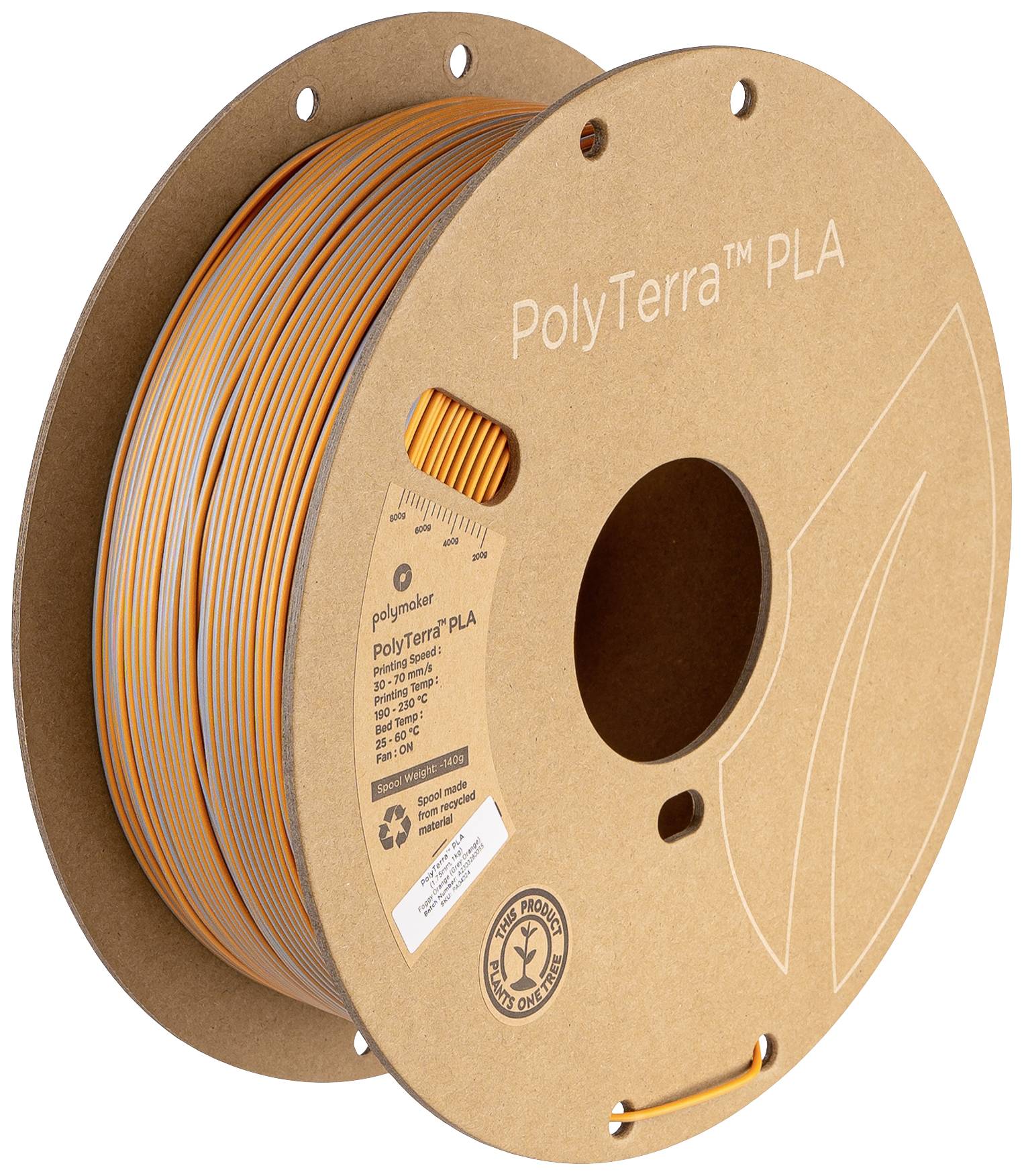 Spool of orange 3D printer filament, labelled as 'PolyTerra PLA'. Made from natural materials, environmentally friendly.