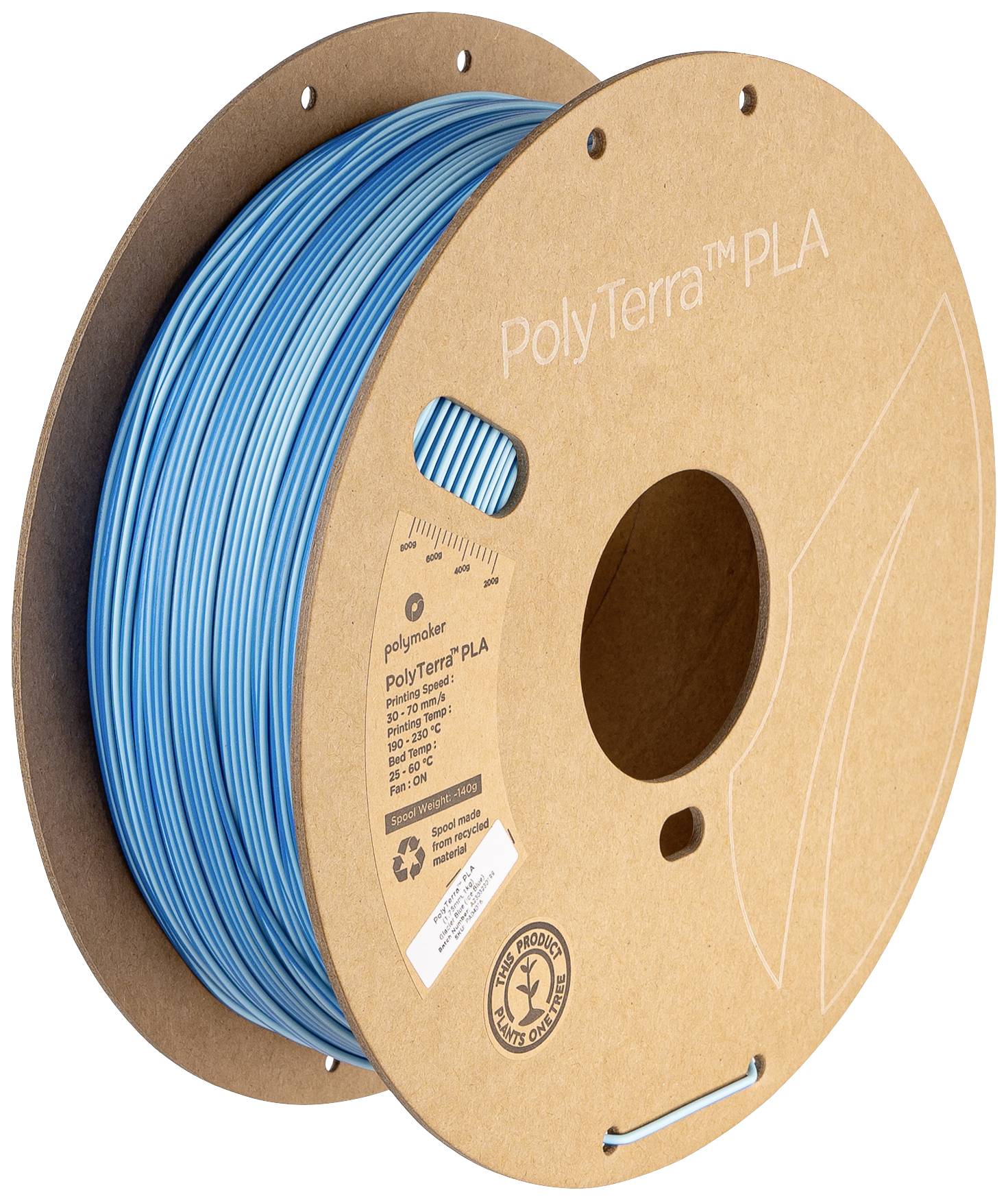 A roll of blue PolyTerra PLA filament for 3D printers. The eco-friendly cardboard packaging displays the brand logo and recycling symbols.