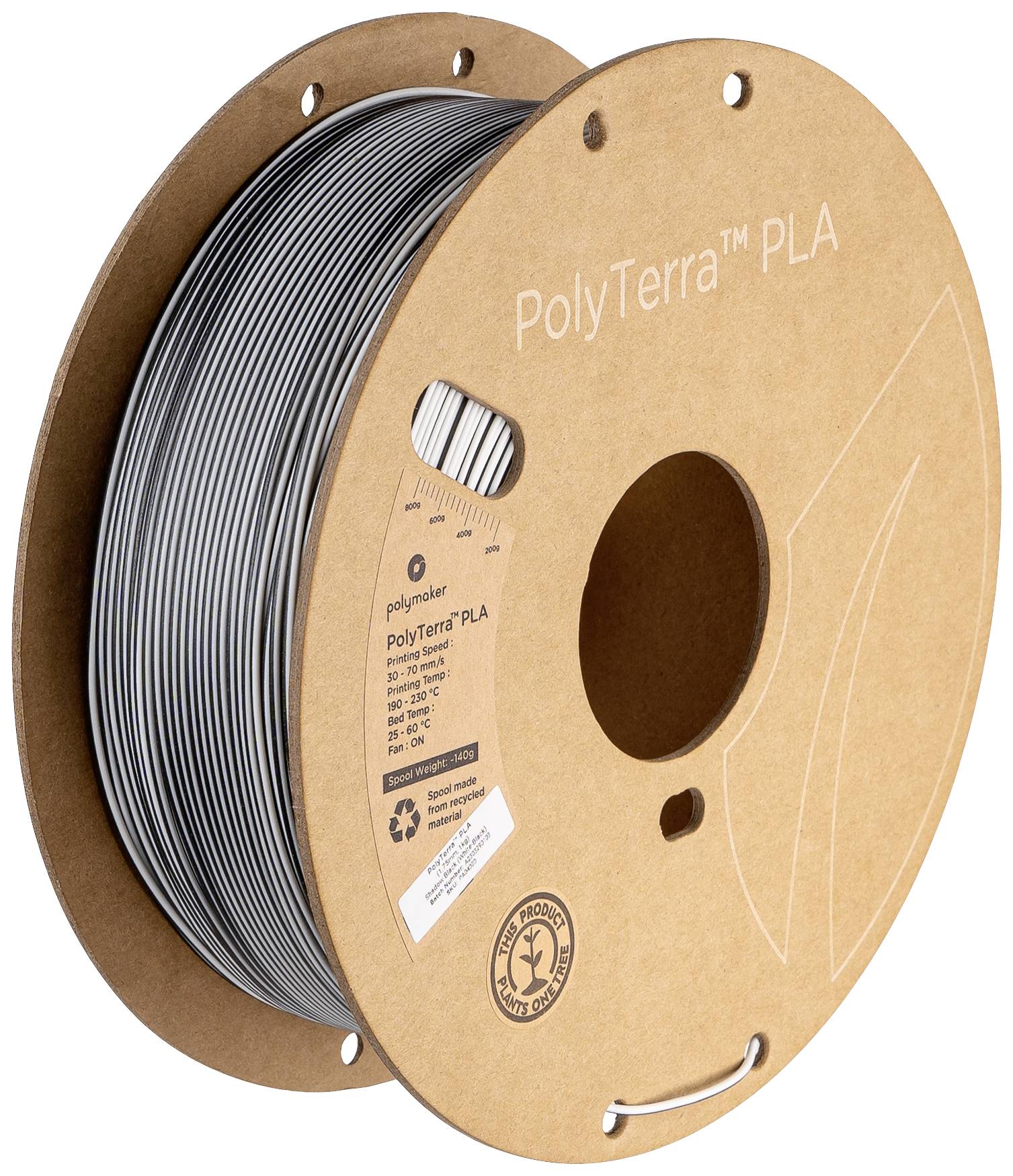 A brown cardboard filament spool with grey PolyTerra PLA filament. The label displays recycling information and the logo.
