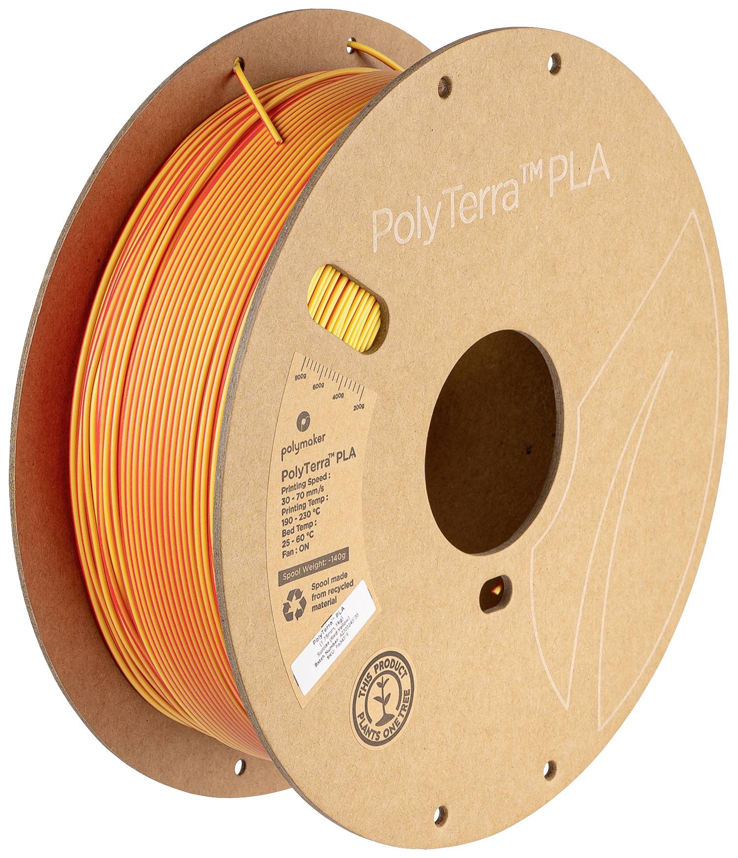 A roll of orange PolyTerra PLA filament for 3D printers, wound on a cardboard spool core, with details of its recyclable packaging.