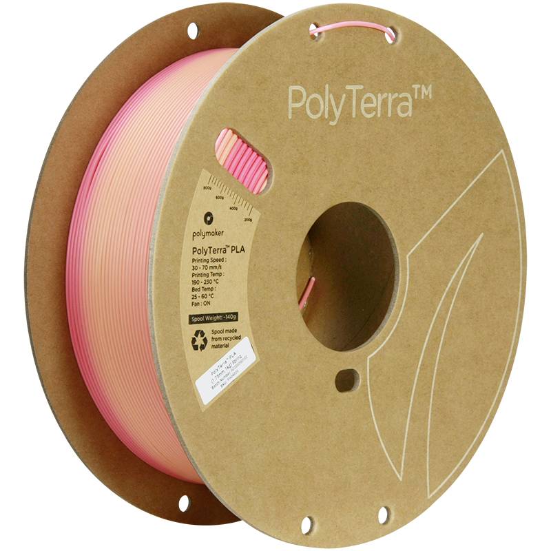 3D printer filament reel made from recycled cardboard with pink filament, brand 'PolyTerra'.