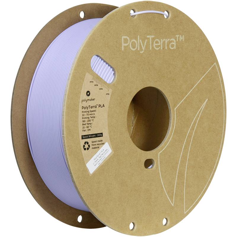 Spool of white PLA 3D printer filament from 'PolyTerra' on a cardboard core, environmentally friendly, recyclable.