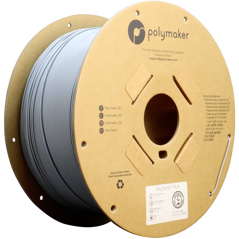 A roll of grey 3D printing filament from Polymaker, manufactured from recycled material, with the company's contact details.