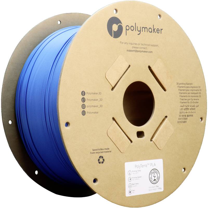 A spool of blue 3D printer filament by the brand Polymaker. The packaging displays brand logos and recycling information.