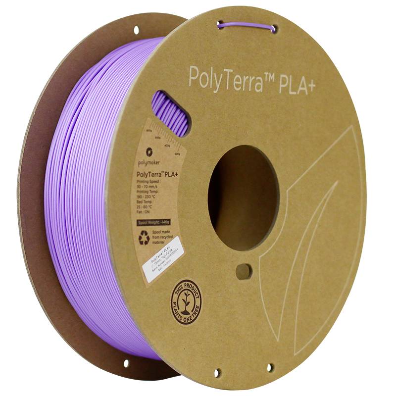 Lila Filament Reel of PolyTerra PLA+ by Polymaker. Environmentally friendly packaging with recycling symbol.