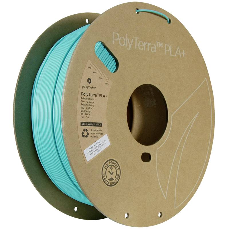 Blue 3D printer filament on a cardboard spool, 'PolyTerra PLA+', environmentally friendly, recyclable. 1 kg weight, PolyMaker logo visible.