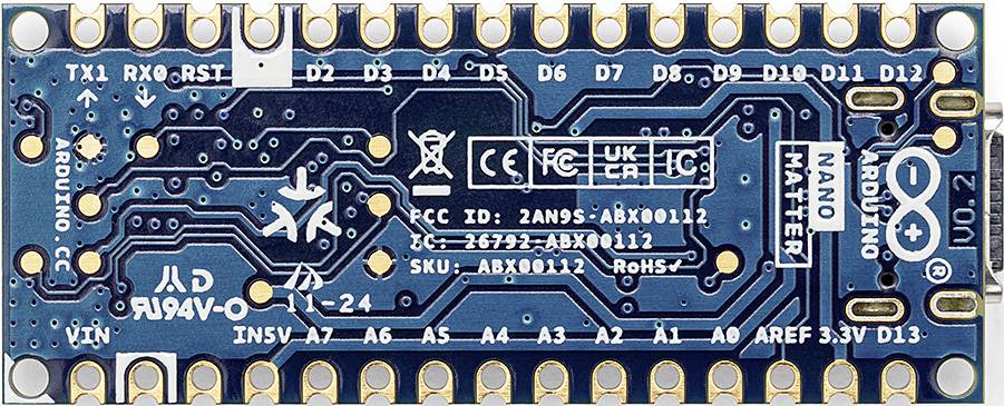 Reverse side of an Arduino Nano, printed with technical details and markings.