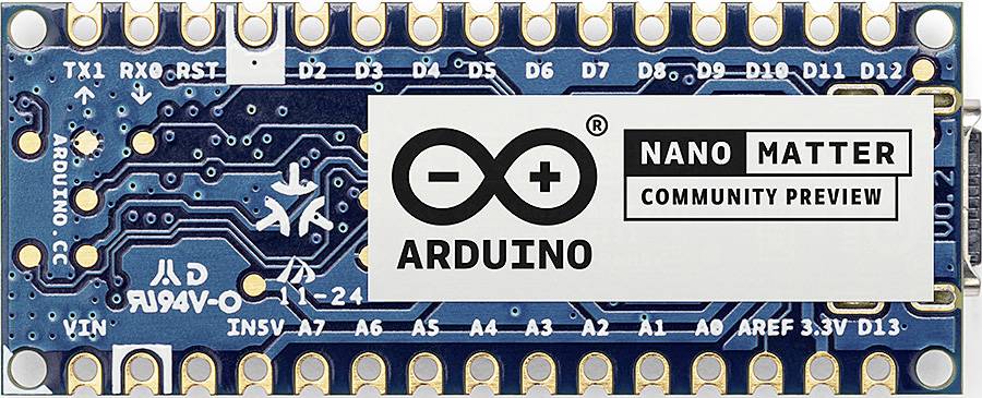 Arduino board with the inscription 'Nano Matter, Community Preview'; showing technical components and connection points.