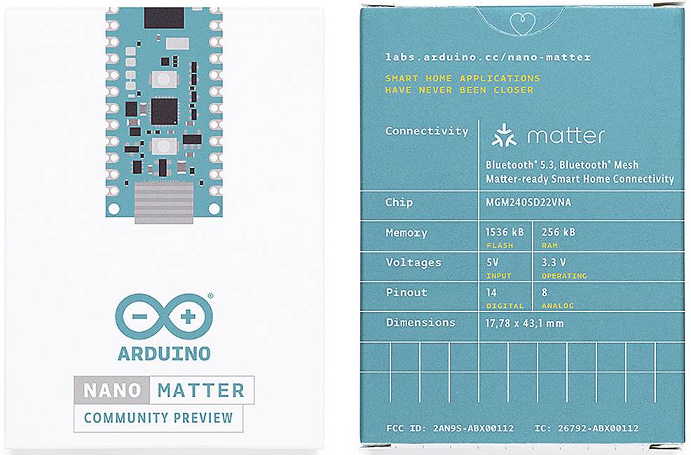 'Arduino Nano Matter Community Preview' packaging. Shows electronic circuit board and technical details: 5V voltage, 0.6W power.