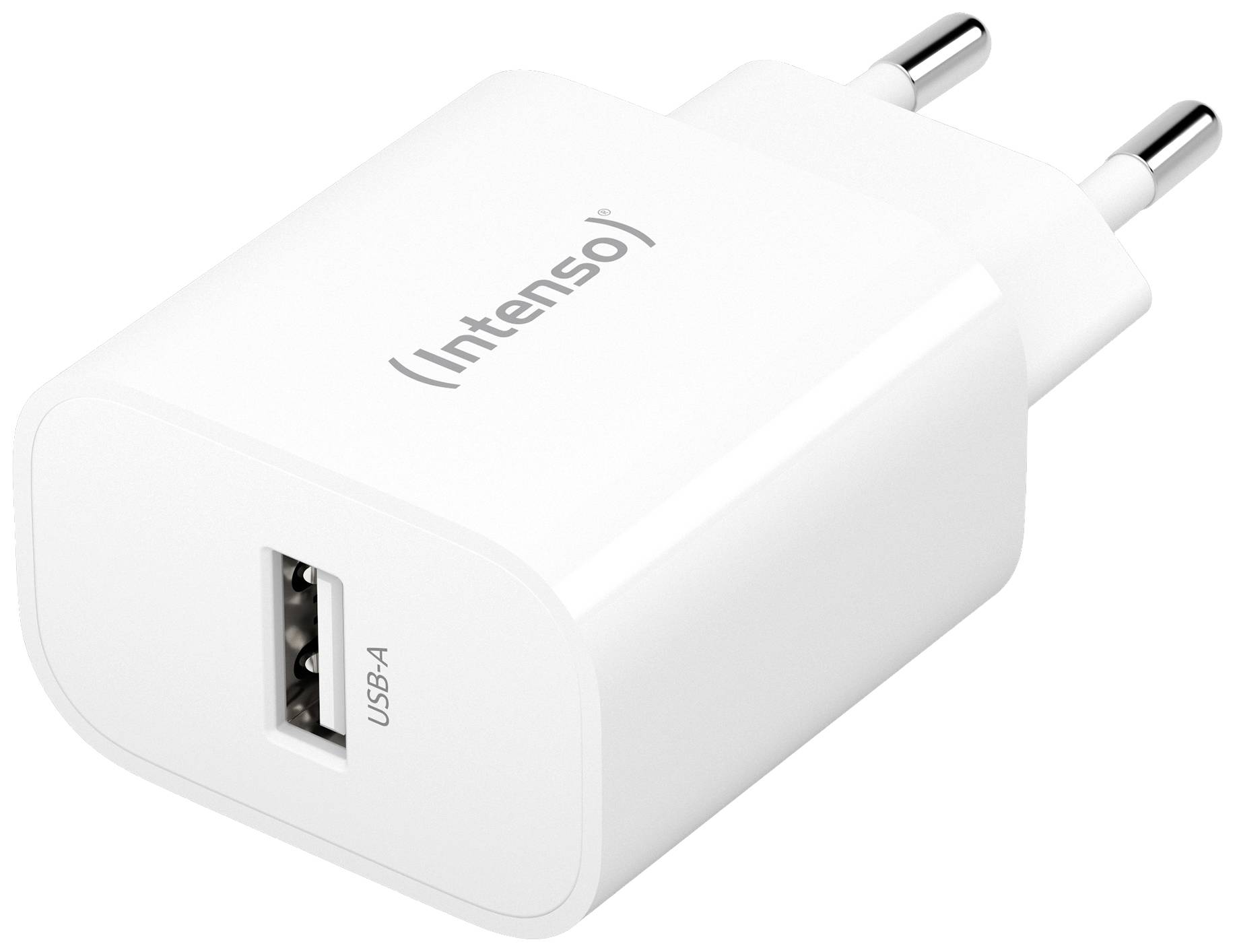 White USB charger with EU plug from Intenso, showing the USB-A port opening.