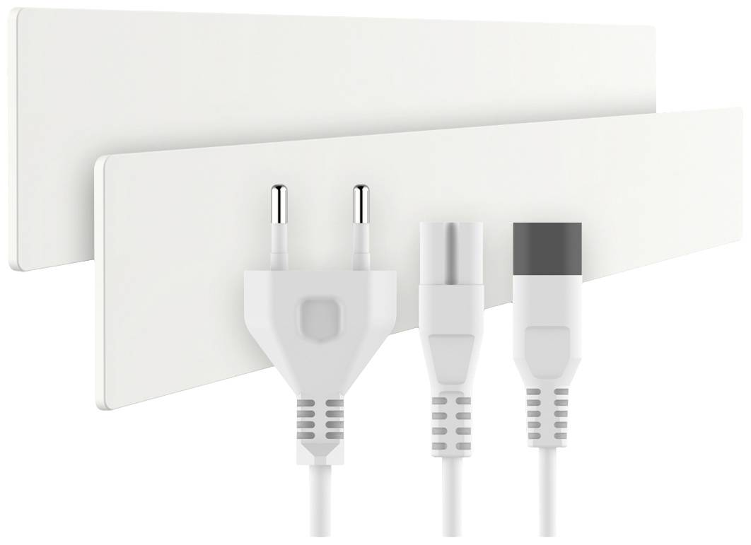 Two white heating panels with European plug and two additional connection options, suitable for living spaces.
