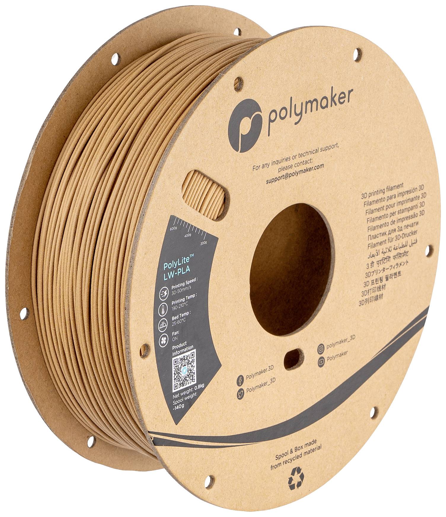 A reel of brown 3D printing filament from Polymaker, suitable for thermal and technical applications.
