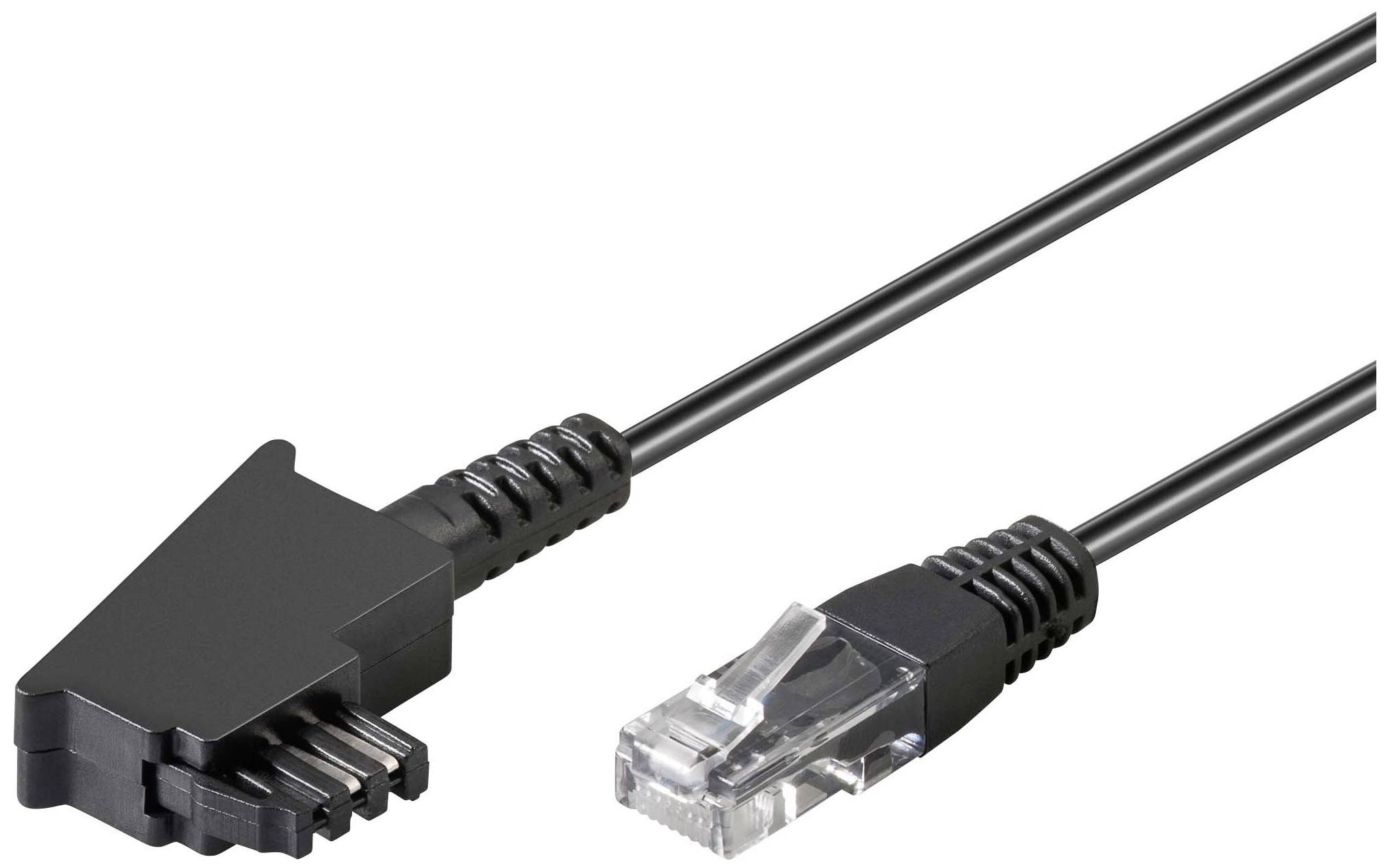 An Ethernet cable with a black rectangular adapter and a transparent RJ-45 plug.