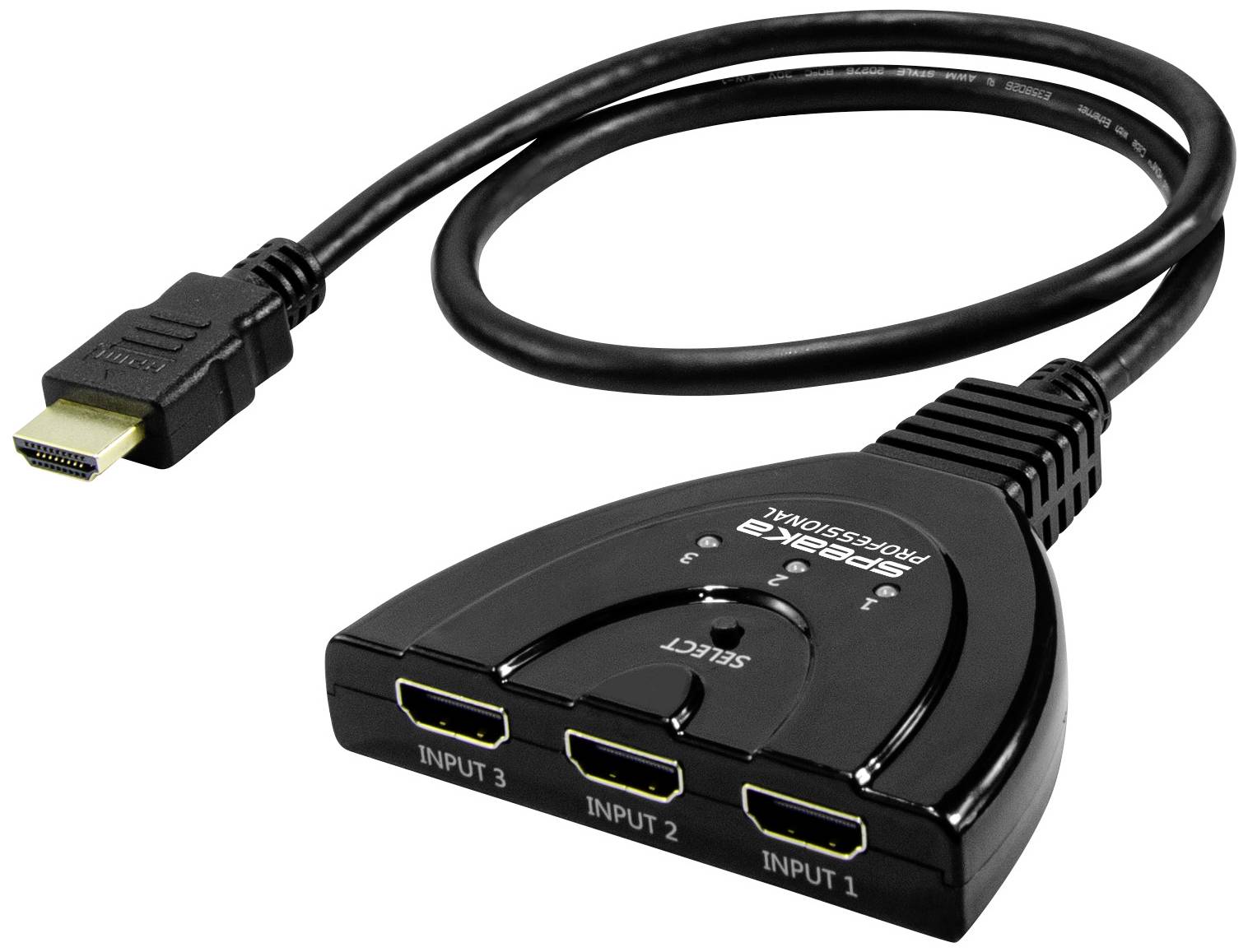 HDMI Splitter with three inputs and one output, black cable. Button for selecting the input, compact design.