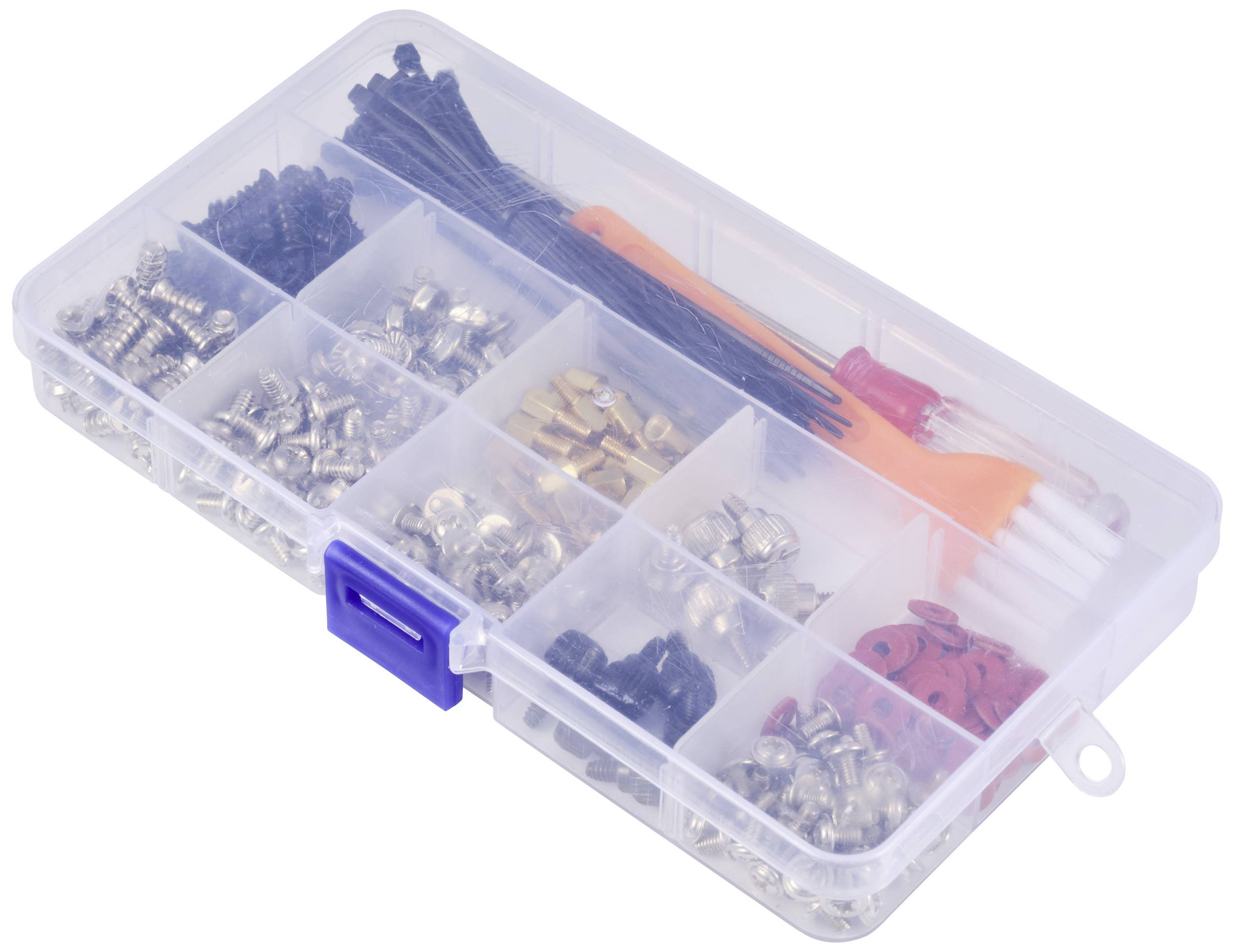 A clear storage box with multiple compartments containing various screws, nuts, cable ties, and several small tools.