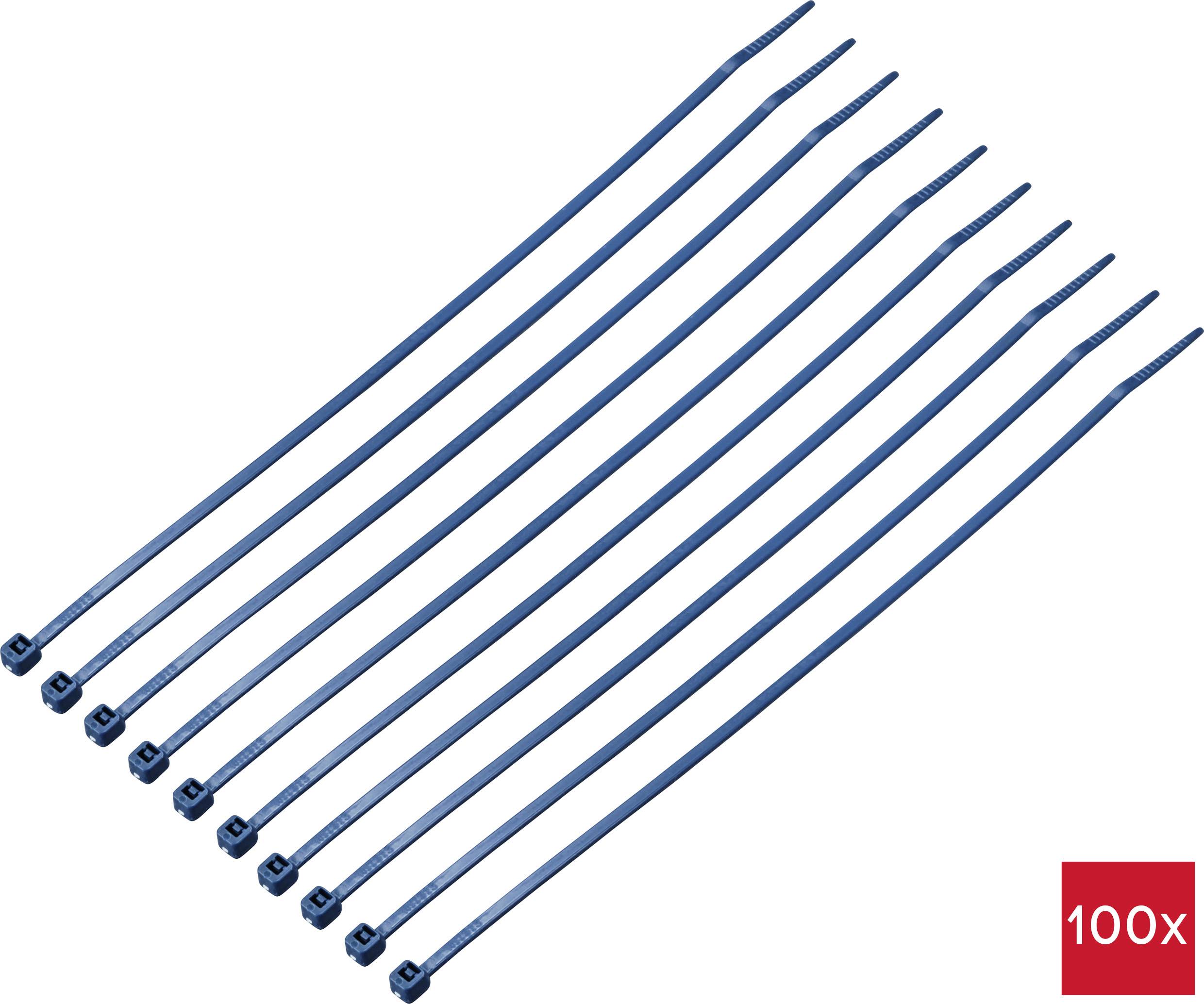 100 blue cable ties, arranged side by side.