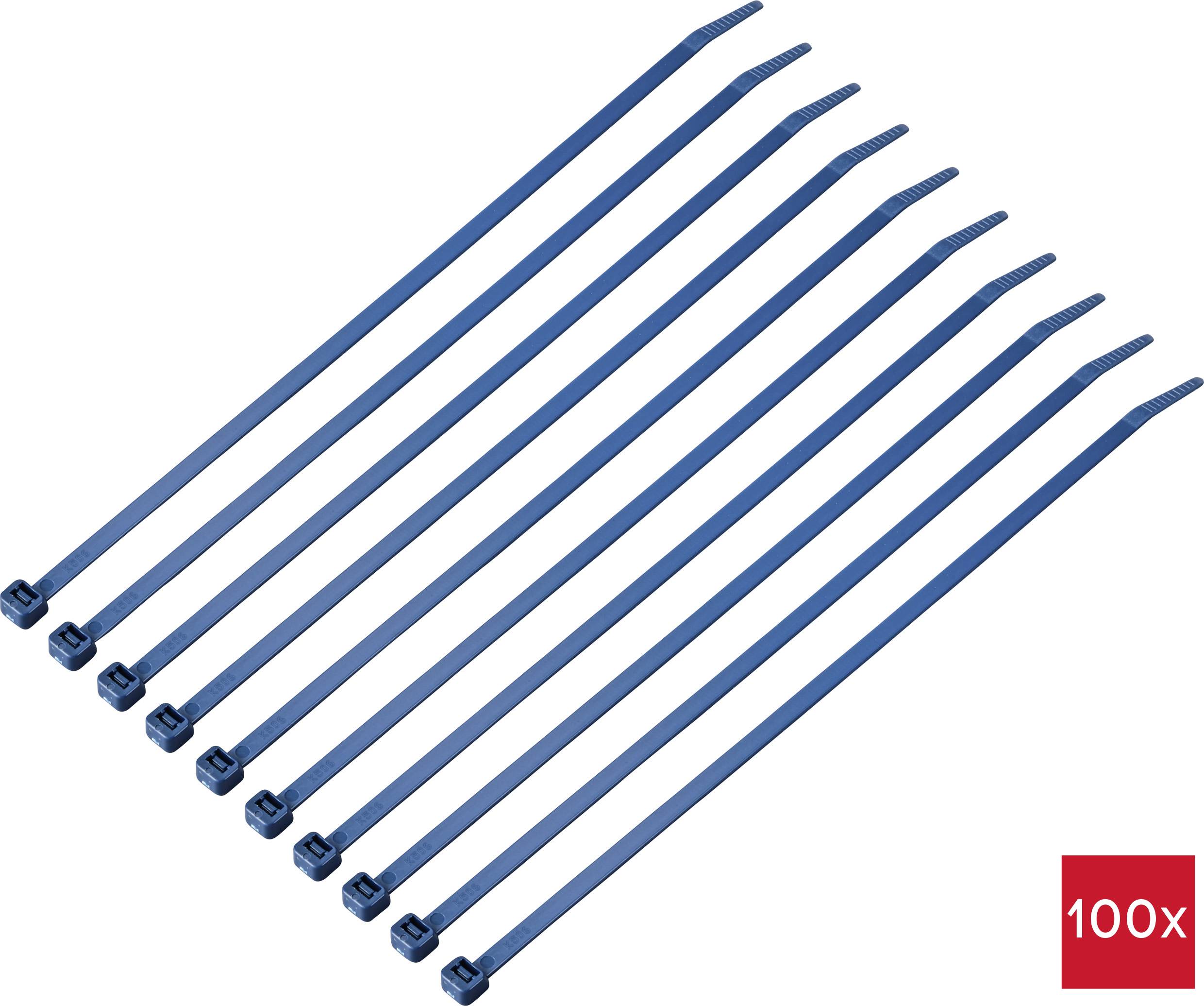 Ten blue cable ties in a row. Bottom right, a red square with the inscription '100x'.