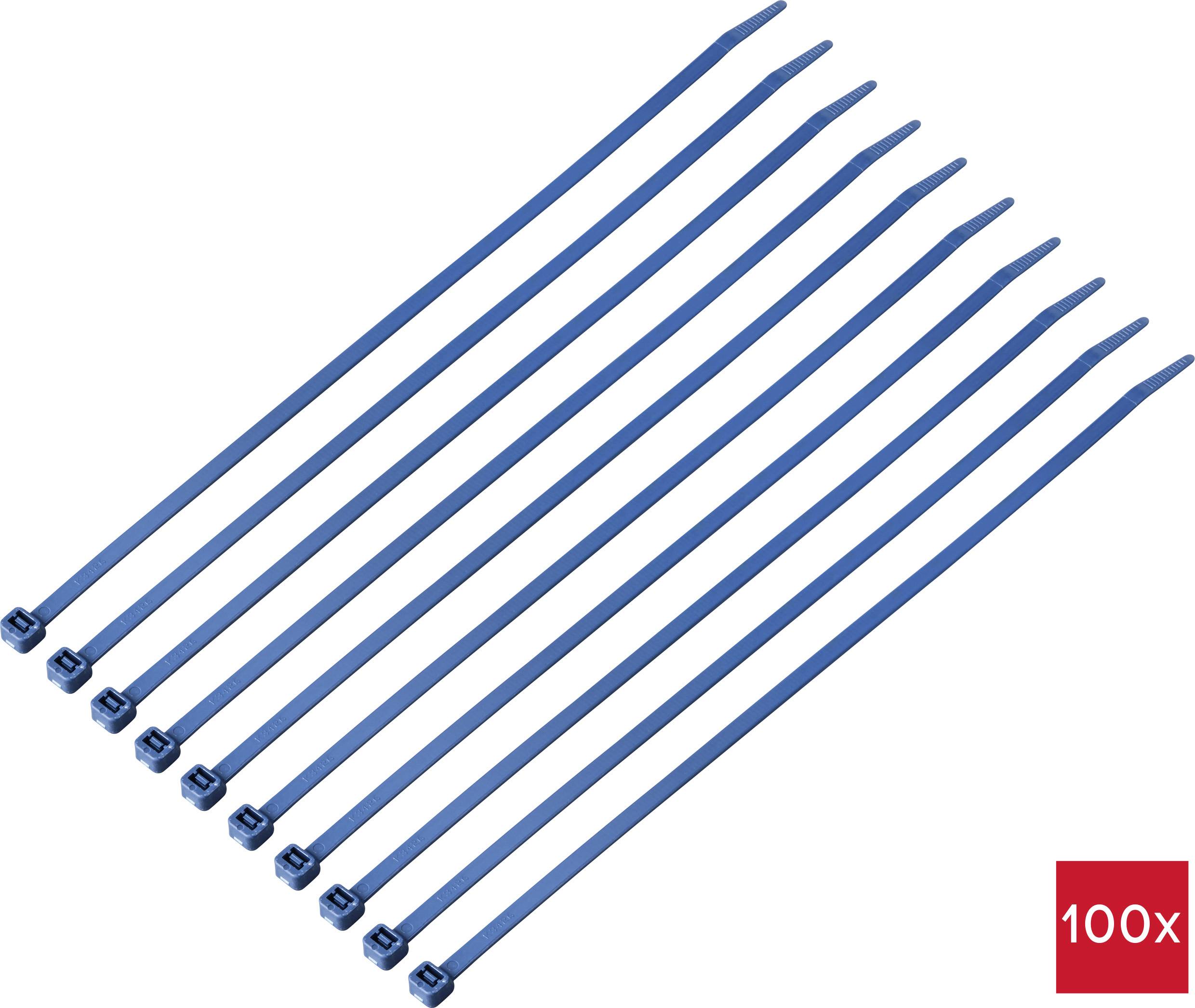 Ten blue cable ties in a row, next to a red square with '100x', indicating the packaging unit.