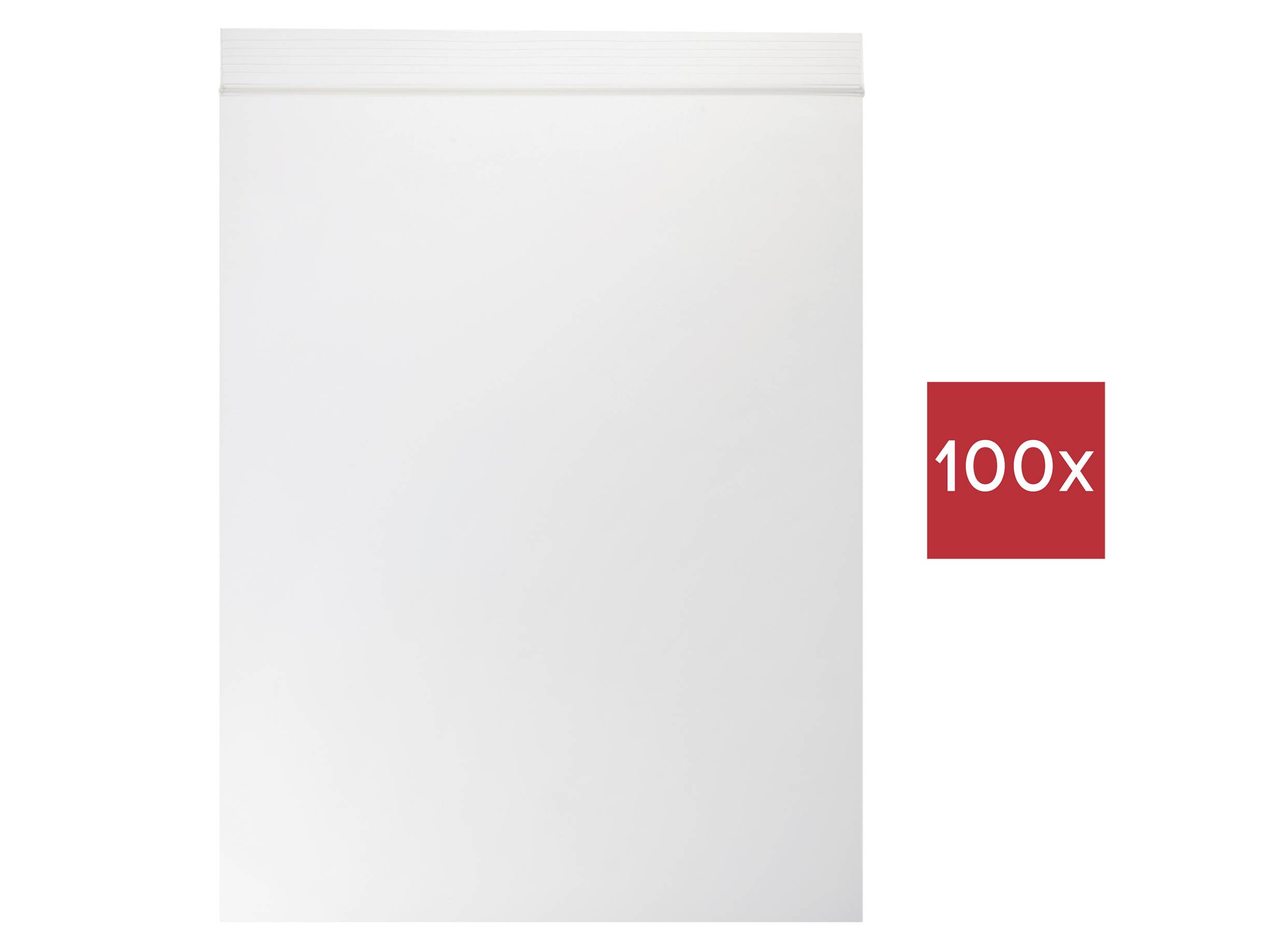 White zip-lock bag with a red square showing '100x'.