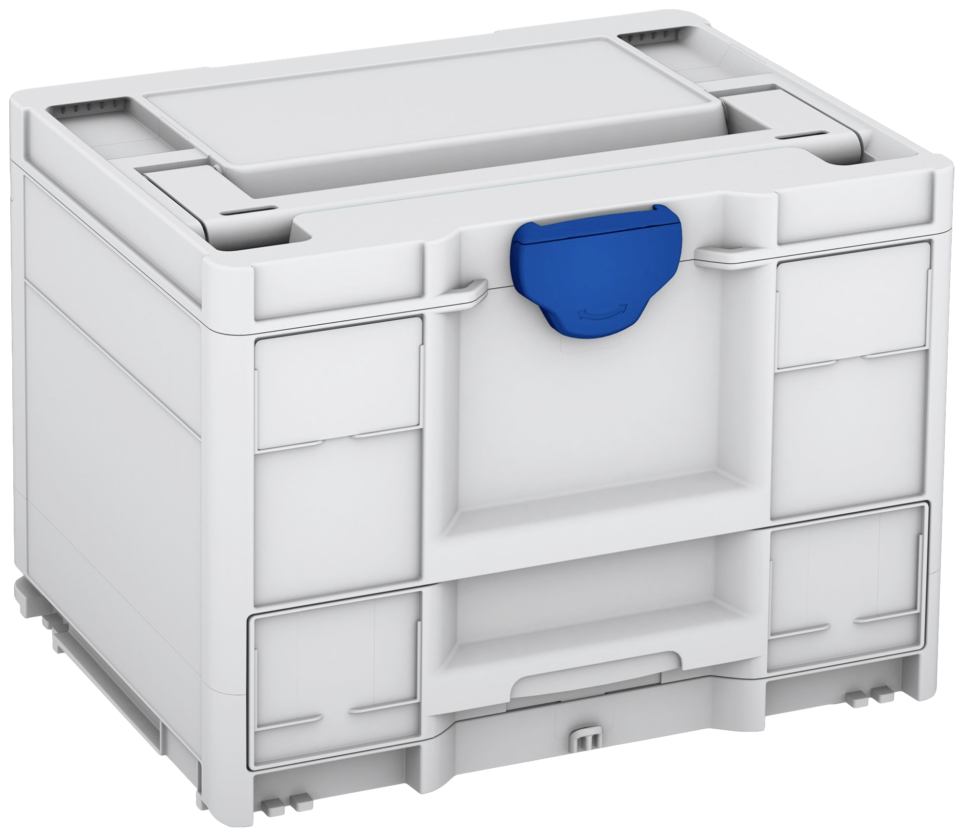 A grey plastic box with a blue handle, stackable, suitable for storing and transporting smaller tools or materials.