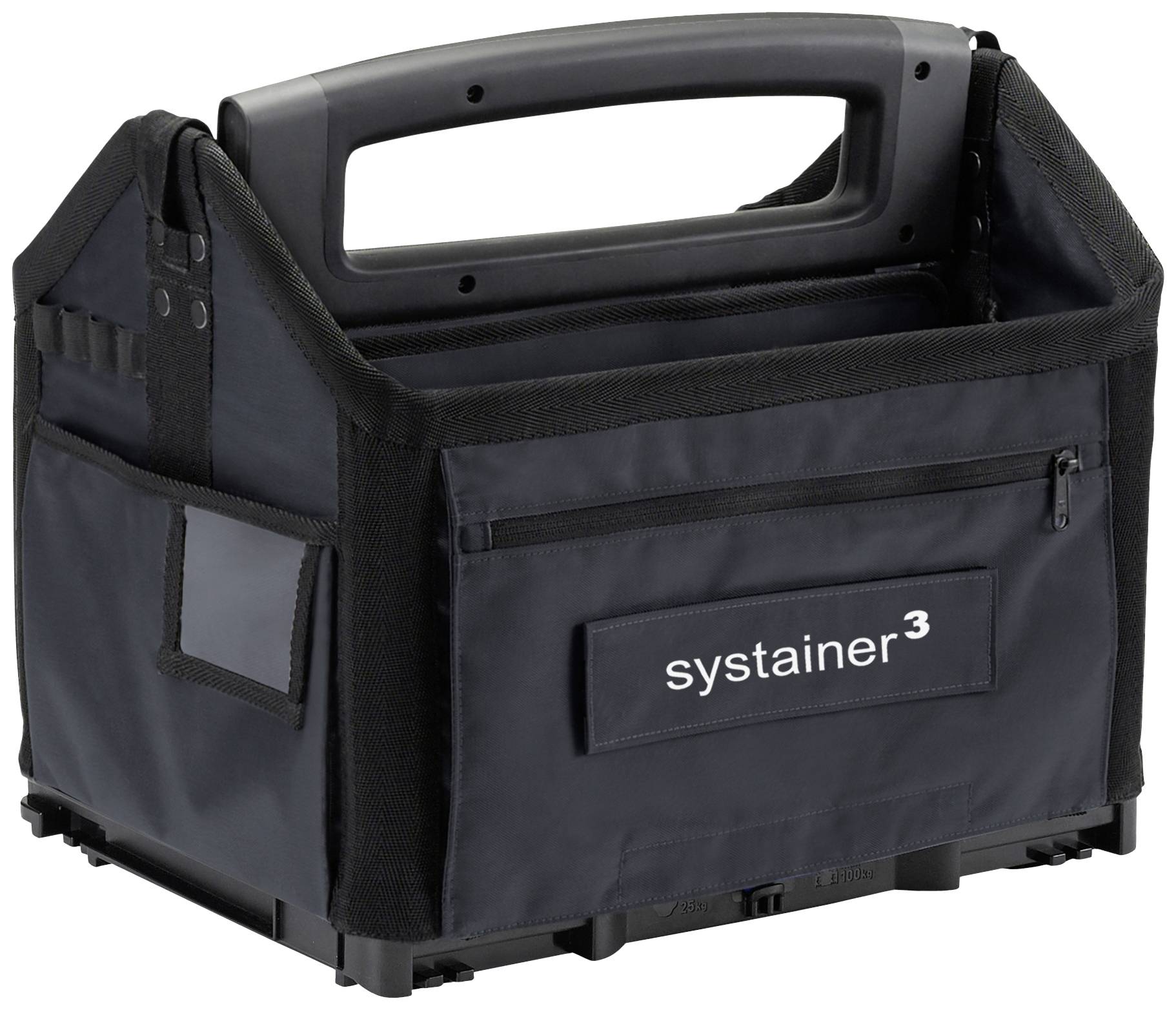 A black tool bag with 'systainer³' printed on the front and a sturdy handle on top.
