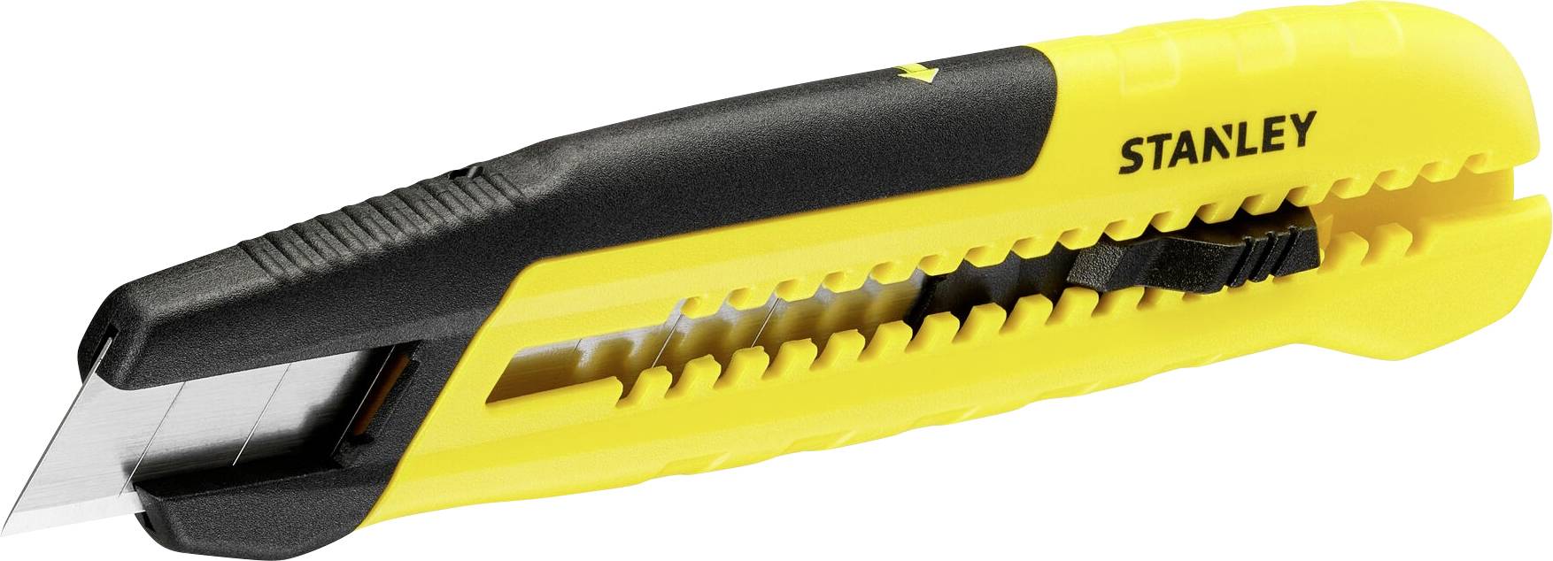 Yellow and black Stanley utility knife with retractable blade, suitable for cutting cardboard and other materials.
