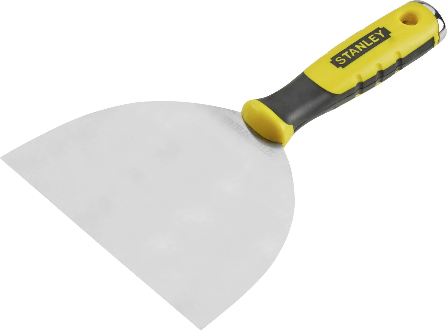 A wide putty knife with a yellow handle, bearing the 'Stanley' inscription on the handle. Used for smoothing or removing materials.
