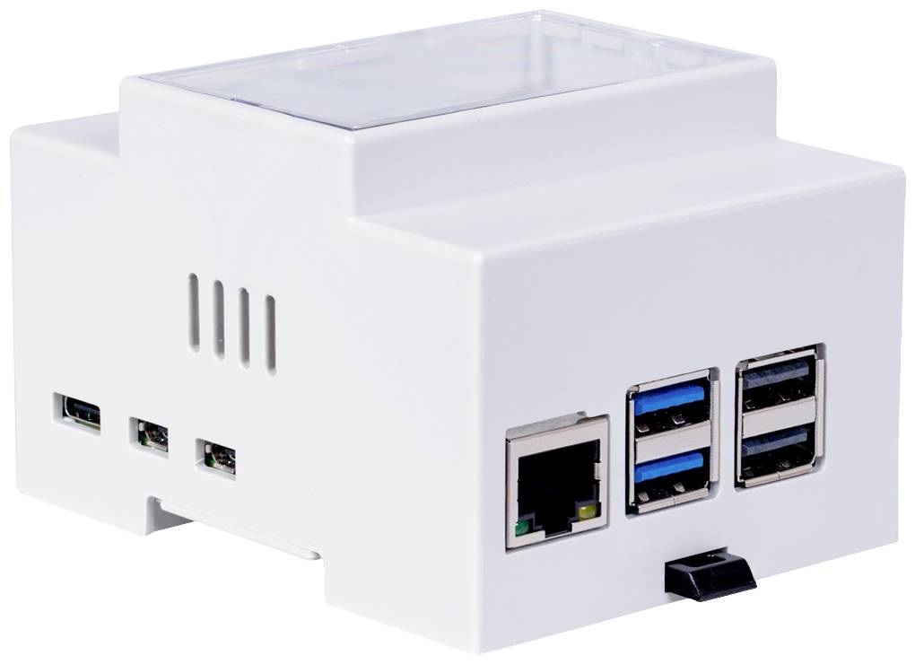 White plastic enclosure with USB ports and Ethernet connection; serves as a housing for electronic devices or Raspberry Pi.
