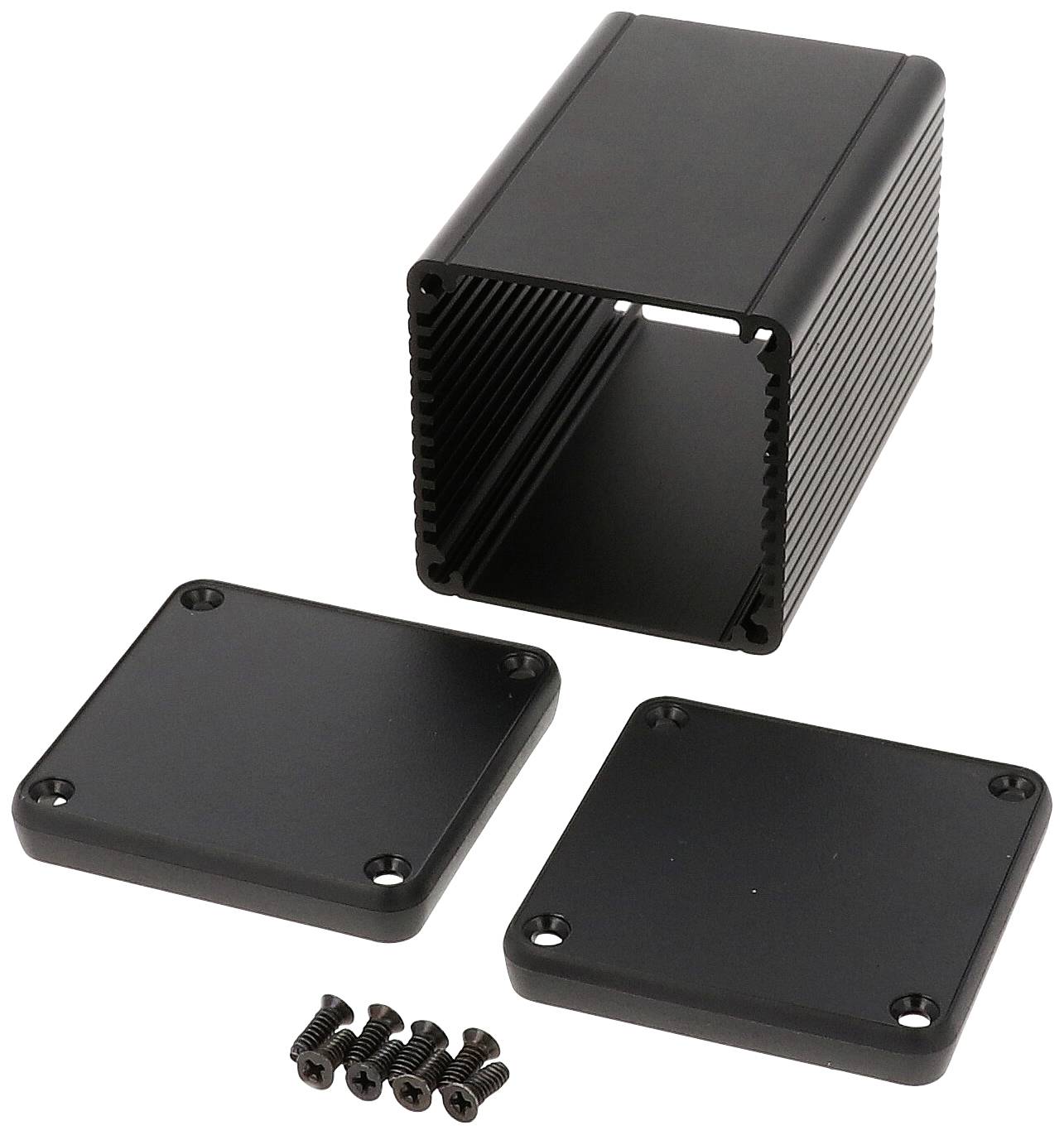 A rectangular, black aluminium enclosure, open on one side, with two removable lids and four fixing screws.