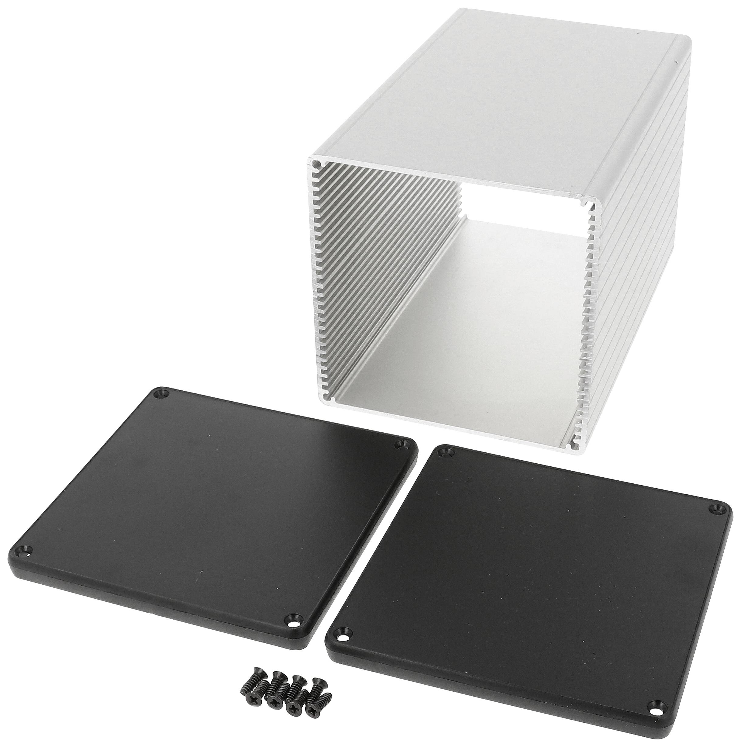 Silver aluminium casing without front or back panels, alongside two black cover plates and several screws.
