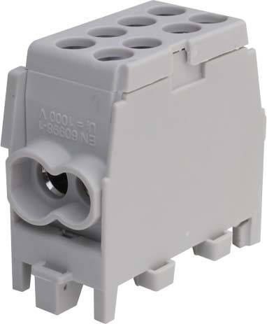 Grey electrical connector with multiple connection openings, suitable for wiring applications in electrical devices.