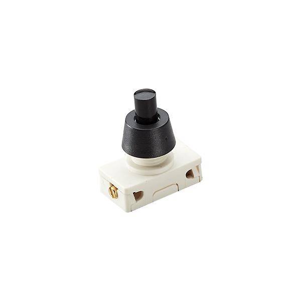 A black, round push button switch on a white base, commonly used for lighting controls in interior spaces.
