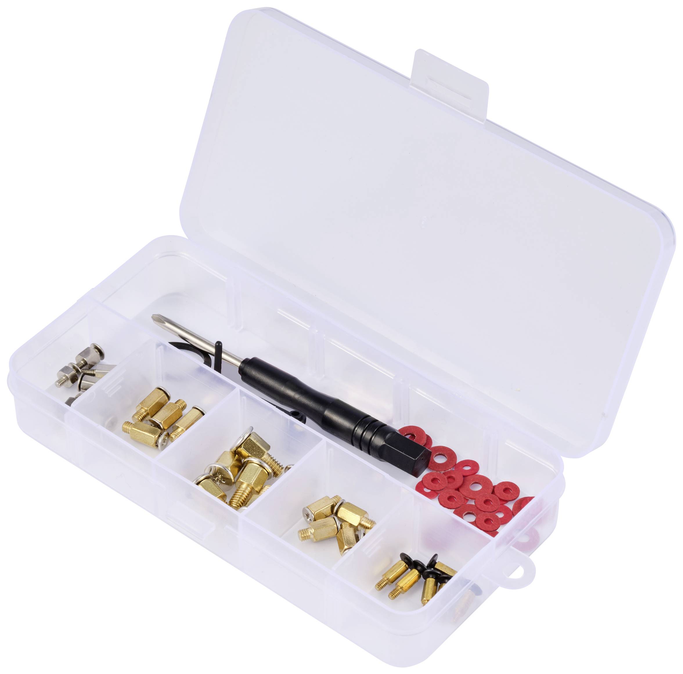 A transparent plastic case containing a screwdriver, golden and silver metal parts, and red plastic rings in separate compartments.