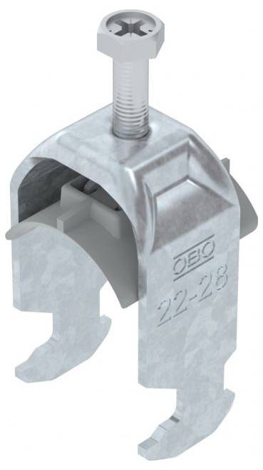 Metal pipe clamp labeled 'OBO 22-28', featuring a threaded screw for tightening, designed to secure pipes or cables.