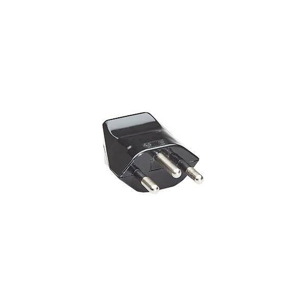 Black network plug adapter with two round plugs, suitable for converting plug types for use in different countries.