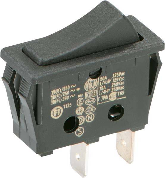 A black rocker switch with technical specifications in small print on the surface, including voltage and current ratings.