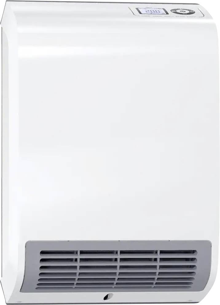 A modern, white hand dryer mounted on a wall, with a grey air outlet at the bottom and controls at the top.